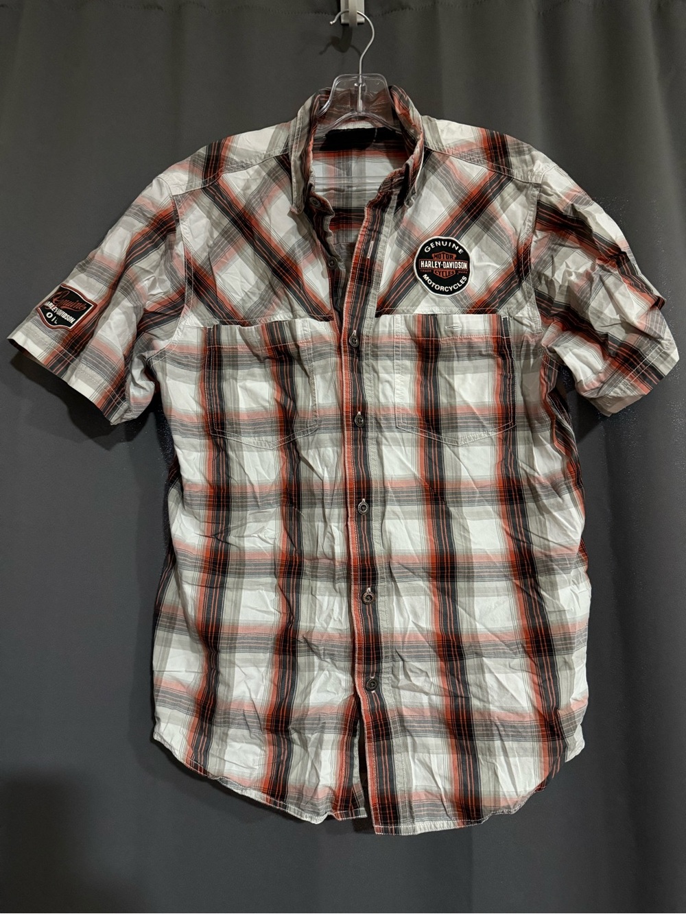 Harley-Davidson White Black Orange Plaid Short Sleeve Shirt